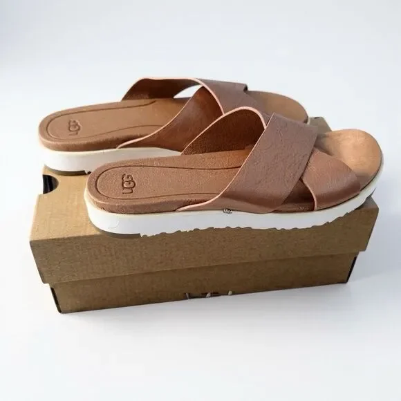 UGG Kari Sandals Size 7 Metallic Rose Gold Leather Crisscross Platform Slide - Picture 2 of 7